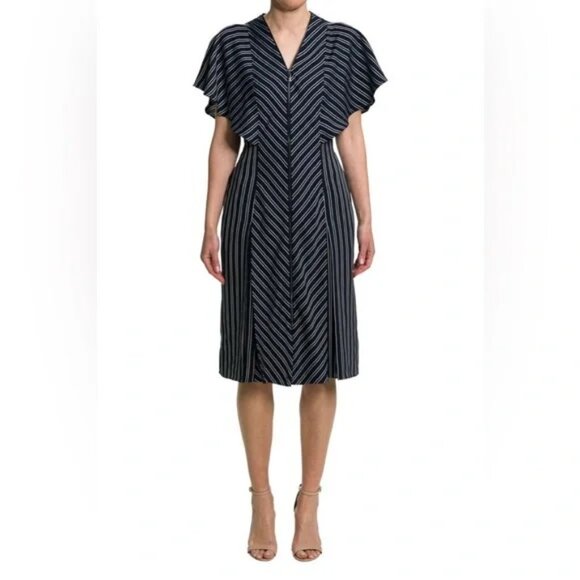 Ted Baker ~Flissie Navy Zip Front Striped Midi Dress in US size 10 (Ted size 4) - Picture 1 of 16